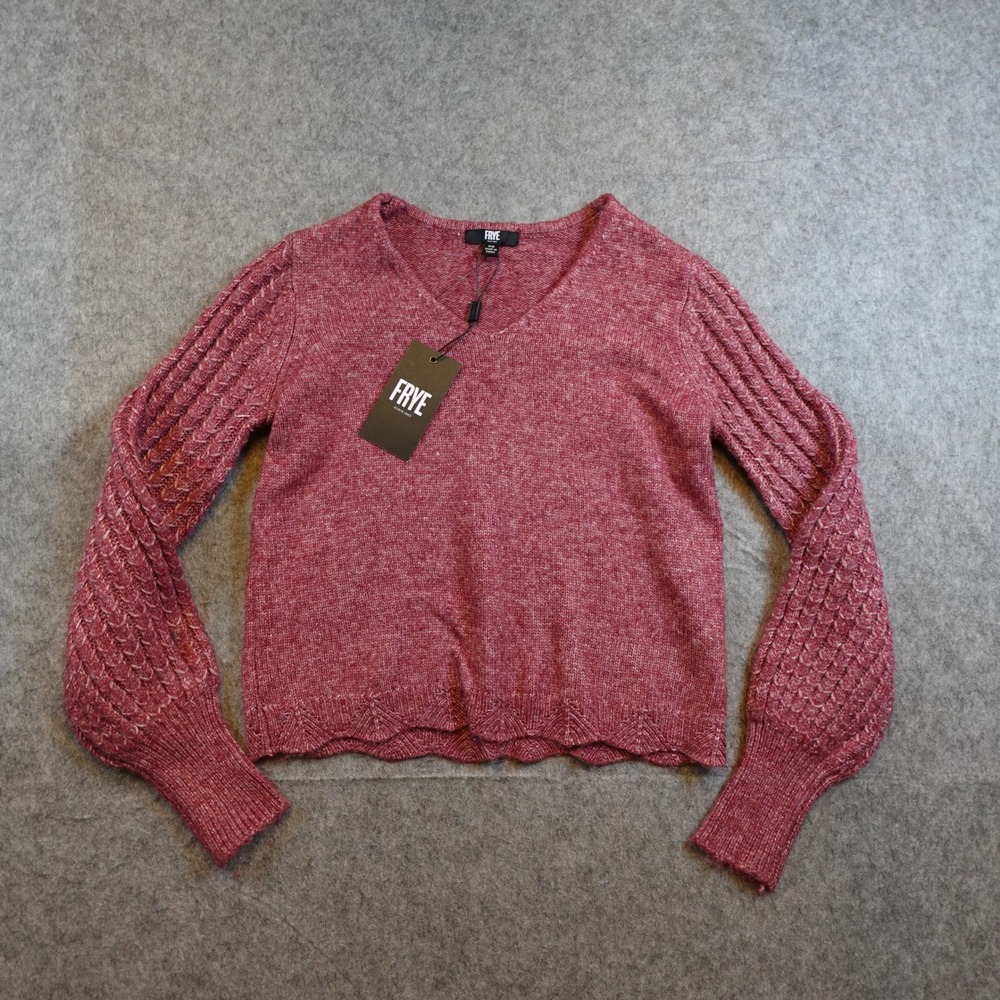 Frye Sweater Women Extra Small NWT Pink VNeck Cable Knit Balloon Sleeve Scallop